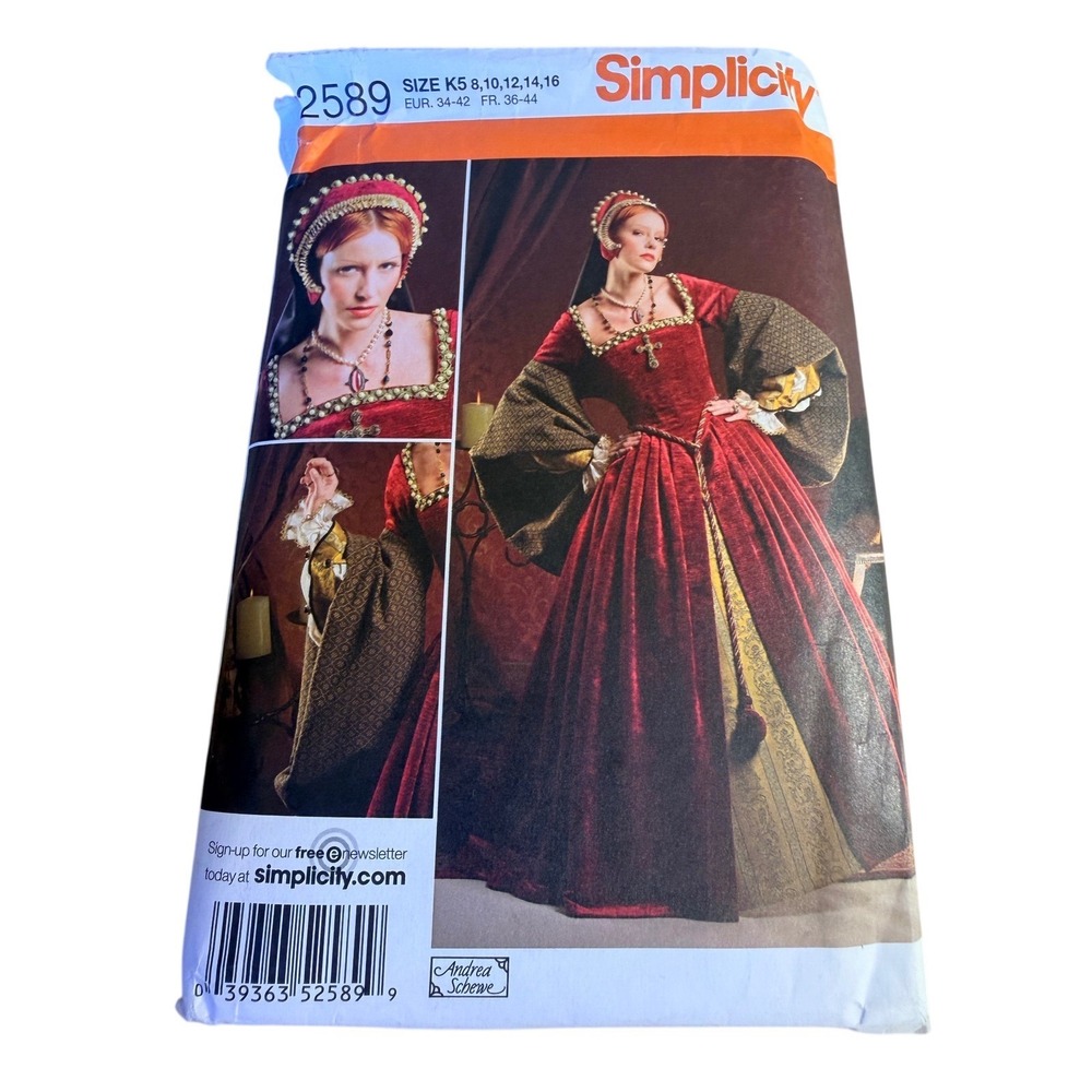 Uncut Simplicity 2589 Tudor Gown Pattern Size K5 8-16 Red Historical Costume